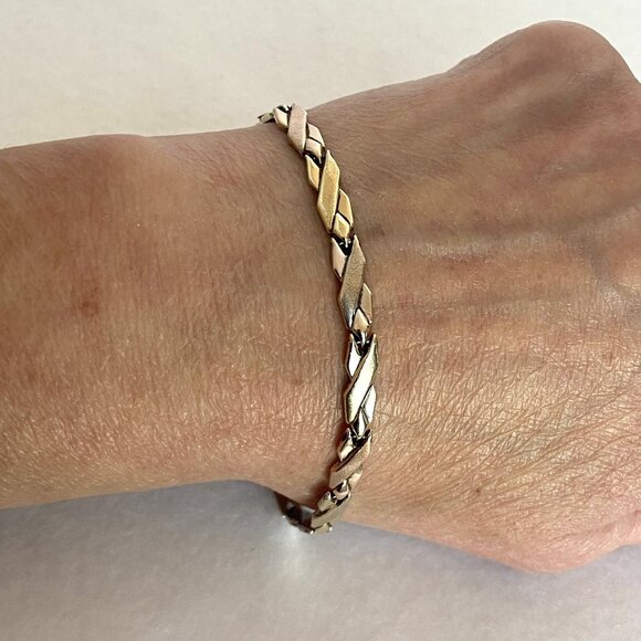 VTG Sterling Silver 925 Turkish 1/10 10K Gold Tri Tone X Link Bracelet 7.5" - Picture 14 of 16